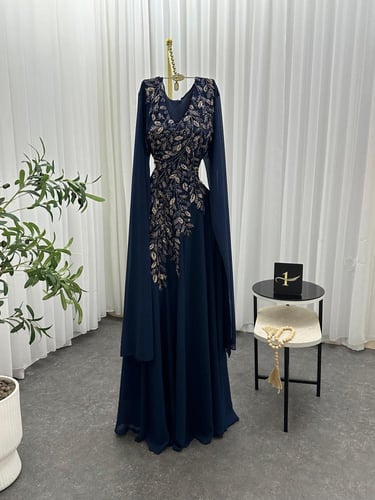 فستان سهره اللون عودي اخضر كحلي كريب استرتش مع ميك...