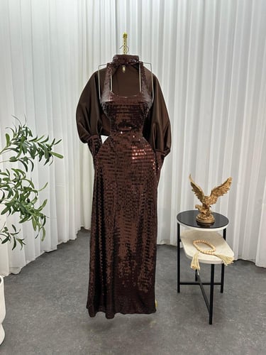 فستان سهره اللون بني ترتر شرايح بطانه دبل شال تفته...