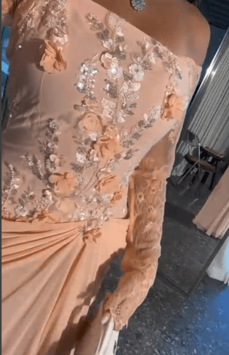 فستان سهره اللون خربزي جورجيت باربي اكمام دانتيل ص...