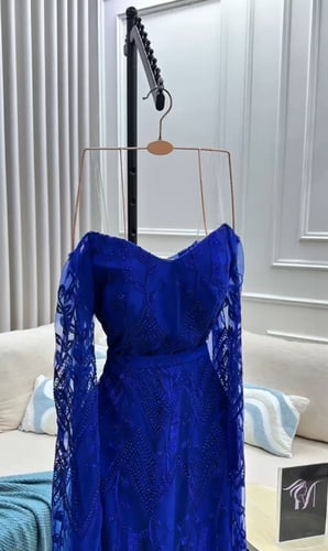 فستان سهره اللون نيلي تل تيواني مع تفته كوري+تطريز...