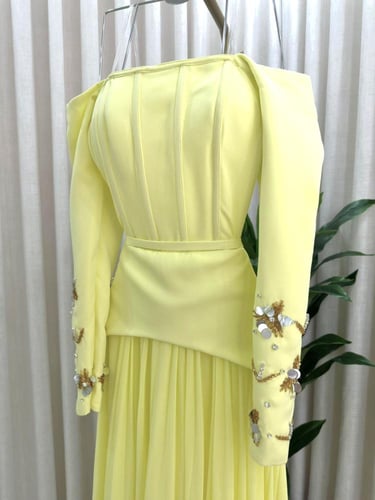 فستان سهره اصفر ليموني دبل كلوش بيليسيه جورجيت و ب...