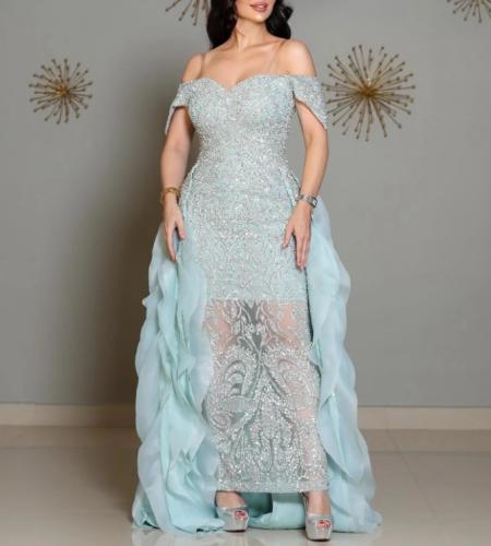 فستان سهره ملكي فخم سماوي و تيفاني خرز من متجر جوه...