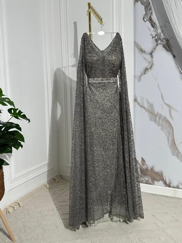 فــسـتان سهره اللون رصاصي القماش تل أصلي مطرز كمبي...