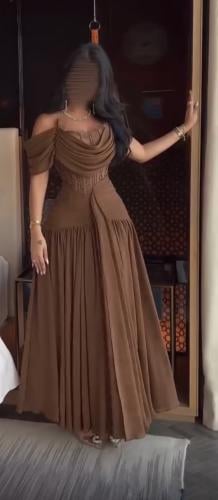 فستان سهره بني الخامه شيفون تطريز يدوي راقي من متج...