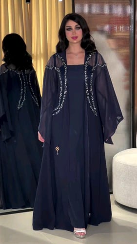 فستان كحلي لكرا يتمدد مع جاكيت شيفون جورجيت مطرز ي...