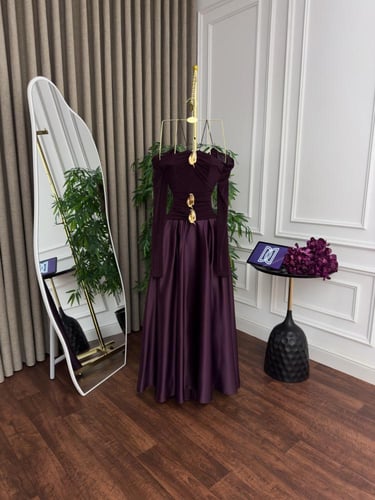 فستان سهره بني باذنجاني الصدريه كرستال تحت تفته -...