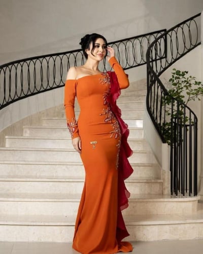 فستان سهره برتقالي اورنج باربي اورجنزا فخم تطريز ي...