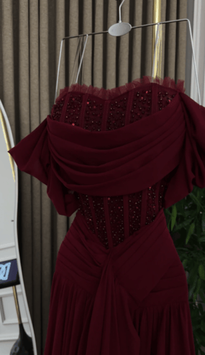 فستان سهره اللون بني خامه شيفون وتطريز يدوي من متج...