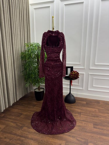 فستان سهره اللون برغندي دانتيل مطرز لول وخرز من مت...