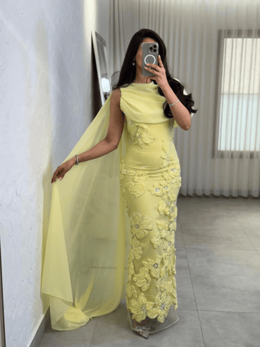 فستان سهره اللون اصفر باربي وتل علا ورد جوده و فخا...