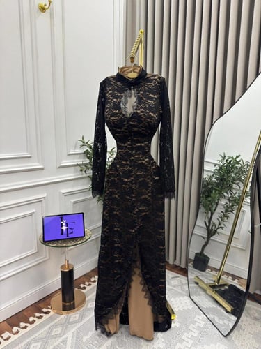 فستان سهره اللون اسود دانتيل بطانه تفته من متجر جو...