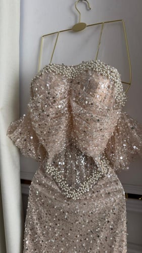 فستان سهره اللون بيج القماش كلفه خرز ولول البطانه...