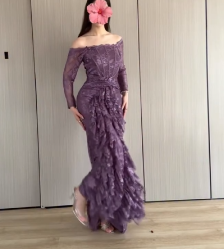 فستان سهره اللون موف الخامه دانتيل فخم وراقي من مت...