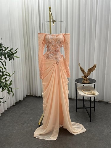 فستان سهره اللون خربزي جورجيت باربي اكمام دانتيل ص...