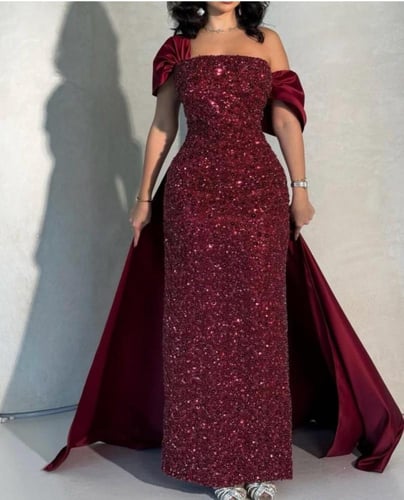 فستان زيتي فخم برغندي عميق موف رقيق