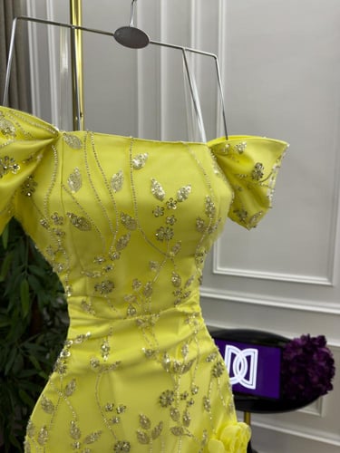 فستان سهره اللون اصفر كلفه تل تطريز خرز مورد ذبل ك...