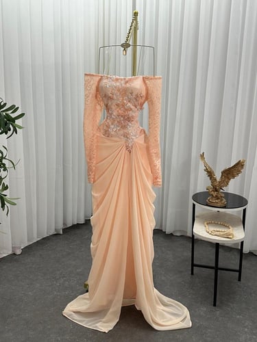 فستان سهره اللون خربزي جورجيت باربي اكمام دانتيل ص...