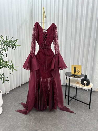 فستان سهره اللون عودي القماش كمبيوتر فصوص كبس مبطن...