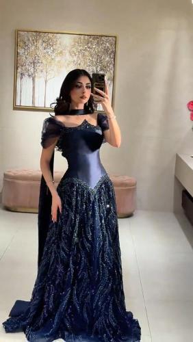 فستان سهره اللون كحلي ميكادو اصلي درجه اولى بتطريز...
