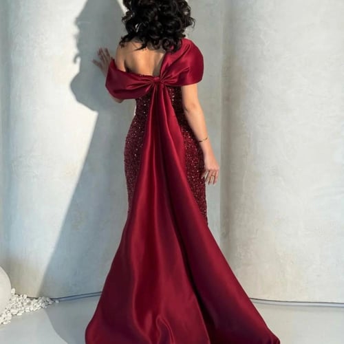 فستان زيتي فخم برغندي عميق موف رقيق