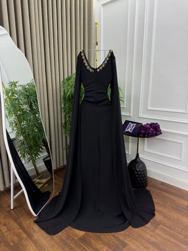 فستان سهره اللون اسود باربي وشيفون تطريز يدوي من م...