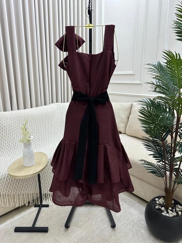 فستان كلوش كسر طبقات مع فيونكه على الكتف خامه لينن...