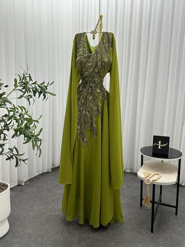 فستان سهره اللون عودي اخضر كحلي كريب استرتش مع ميك...