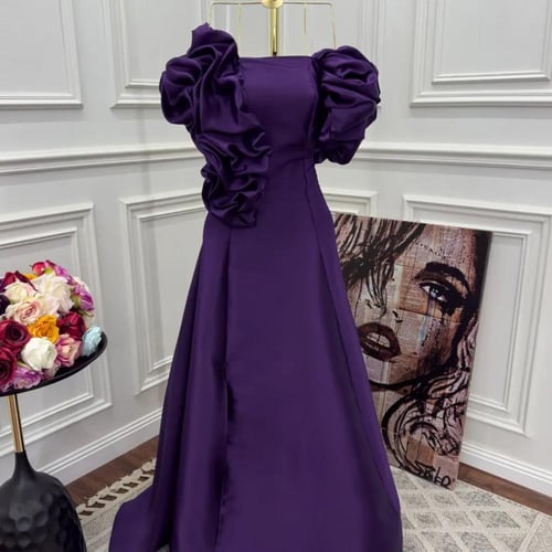 فستان بنفسجي فخم قصه اوف شولدر مع تصميم مجعد حول ا...