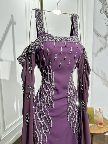 فستان سهره اللون موف الخامه باربي تدخيلة شيفون تطر...