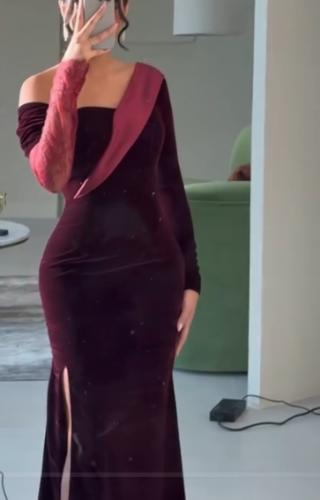 فستان سهره اللون عودي خامه مخمل كوري دانتيل بطانه...