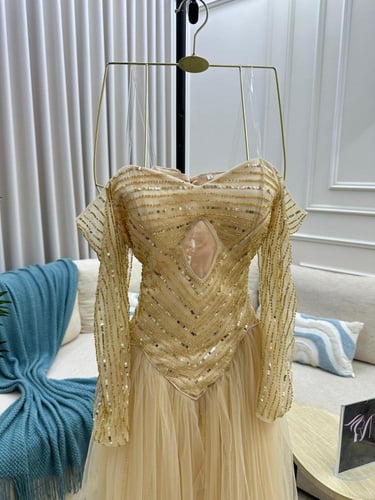 فستان سهره اللون بيج الخامه تل كوري الاصلي بطانه ت...