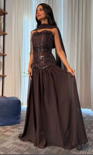 فستان سهره اللون بني شيفون كلوش تطريز كلفه من متجر...