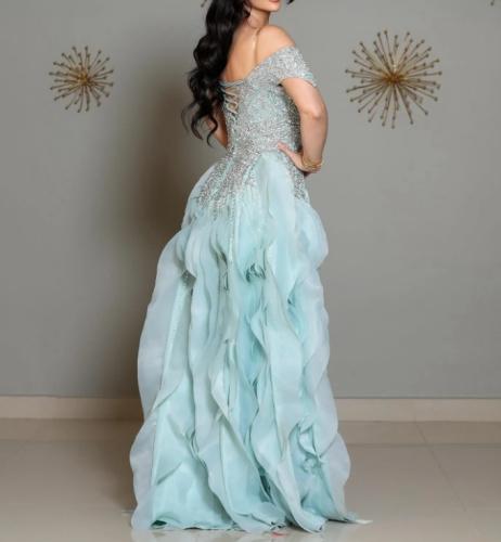 فستان سهره فخم ملكي سماوي عودي اخضر وردي من متجر ج...