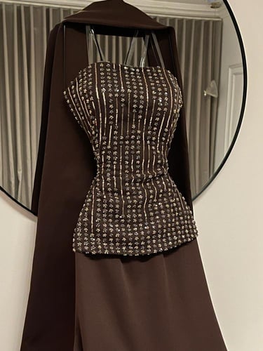 فستان سهره اللون بني باربي وخرز ودانتيل من متجر حو...