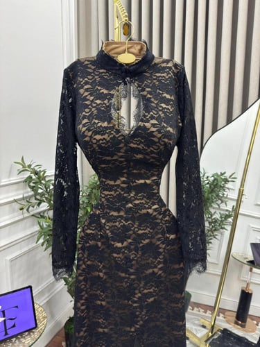 فستان سهره اللون اسود دانتيل بطانه تفته من متجر جو...