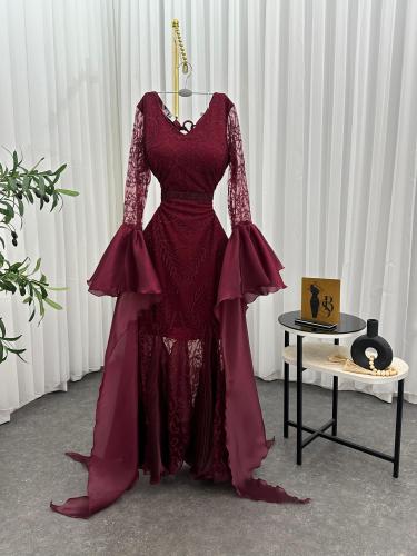 فستان سهره اللون عودي القماش كمبيوتر فصوص كبس مبطن...