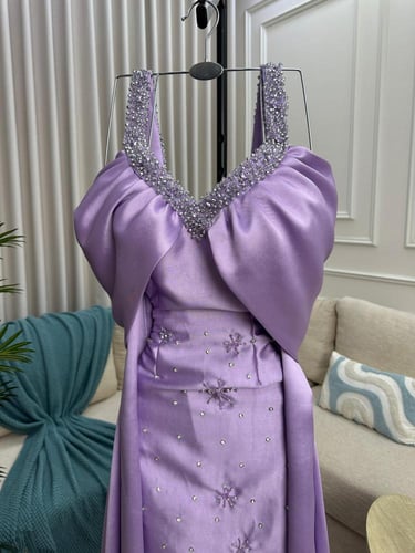 فستان سهره اللون موف الخامه ميكادو تطريز يدوي من م...