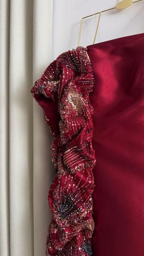 فستان سهره اللون ارتكواز ميكادو وكلفه خرز لونين من...