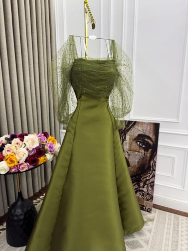 فستان سهره اللون اخضر الخامه ميكادو