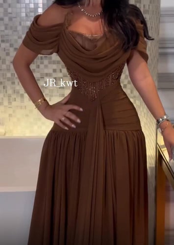 فستان سهره بني الخامه شيفون تطريز يدوي راقي من متج...