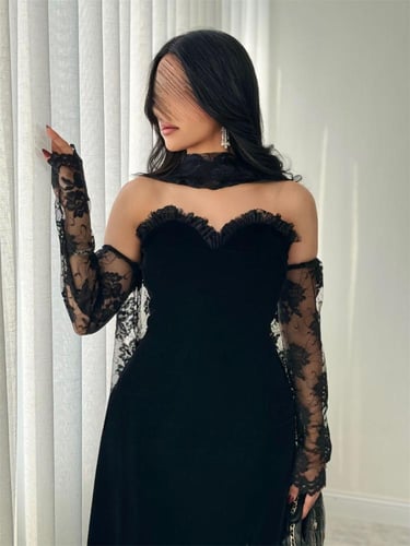 فستان جوخ اسود فخم بشال أنيق