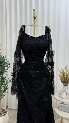 فستان سهرة أسود طويل دانتيل مطرز فاخر للخطوبة والم...