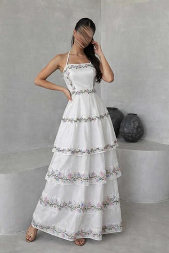 فستان أبيض مطرز نسائي شانطون بتطريز كمبيوتر فاخر