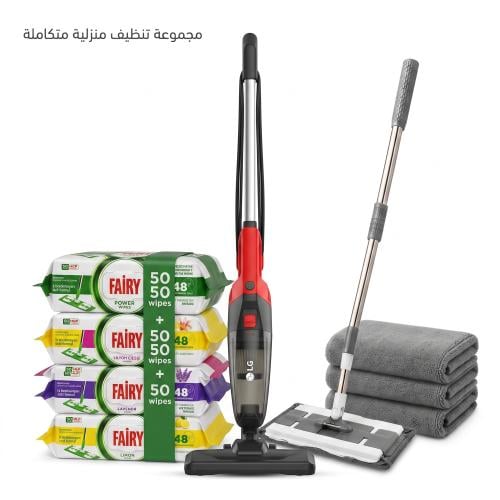 طقم تنظيف منزلي متكامل – مكنسة كهربائية 600 واط بحاوية غبار 1.6 لتر + ممسحة أرضيات مع 200 منديل فيري مبلل + 3 فوط مايكروفايبر
