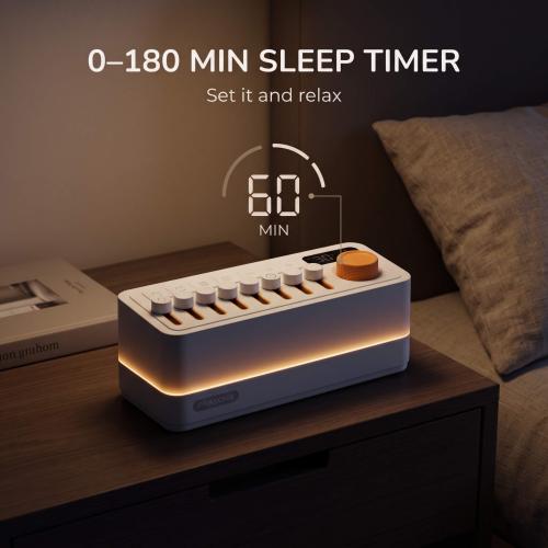 جهاز أصوات الطبيعة مع إضاءة LED دافئة وبلوتوث – 8 أصوات للاسترخاء و256 خياراً صوتياً ومؤقت نوم