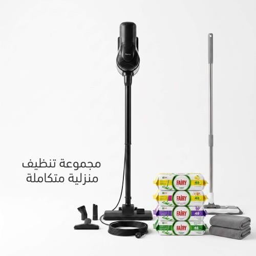 طقم تنظيف منزلي متكامل – مكنسة كهربائية سلكية 400 واط بقوة شفط 14KPa + ممسحة أرضيات مع مناديل فيري 200 منديل + 2 فوطة مايكروفايبر