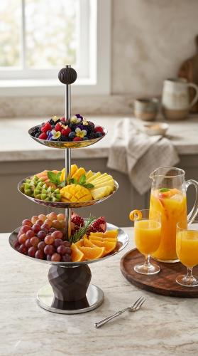 Multi-layered dessert and fruit serving tray with an elegant modern design for luxury hospitality tables