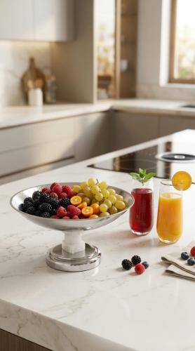 Luxury dessert and fruit serving tray with a raised base, featuring an elegant modern design for hospitality decor and tables