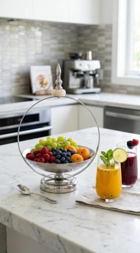 Luxury dessert and fruit serving tray with a raised base, featuring an elegant modern design for hospitality decor and tables