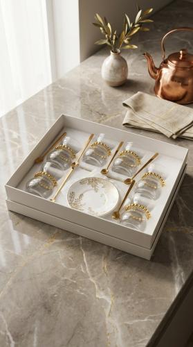 Luxury tea cup set with plates in an elegant design for upscale hospitality gatherings